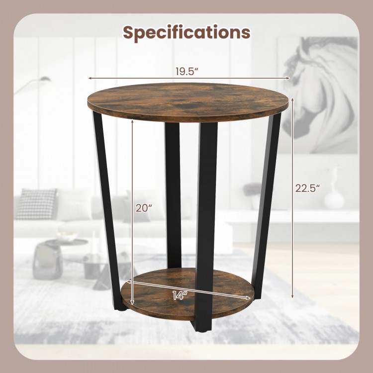 2-Tier round end table with metal frame, brown melamine surface, featuring a removable shelf for versatile storage.
