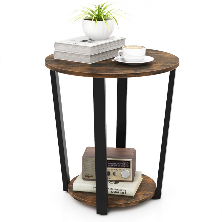 Round end table with a brown melamine surface, metal frame, and 2-tier design for versatile storage in any room.