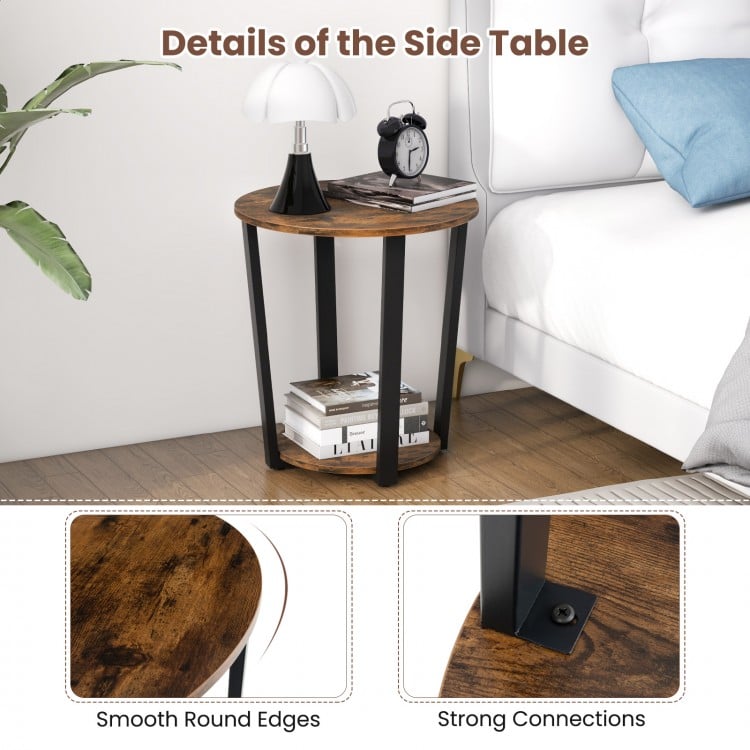 Round end table with storage shelf, brown chipboard and metal frame, ideal for living rooms or bedrooms.