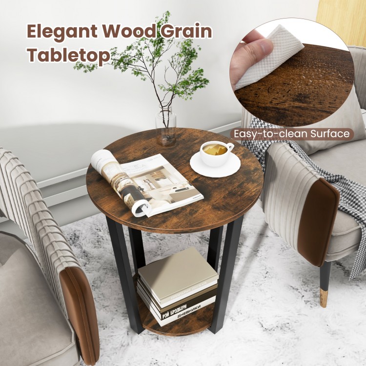 Round end table with a brown wood grain tabletop, featuring a sturdy metal frame and a removable bottom shelf for.
