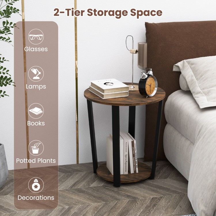 2-Tier round end table with a brown melamine surface and sturdy metal frame, ideal for living rooms and bedrooms.