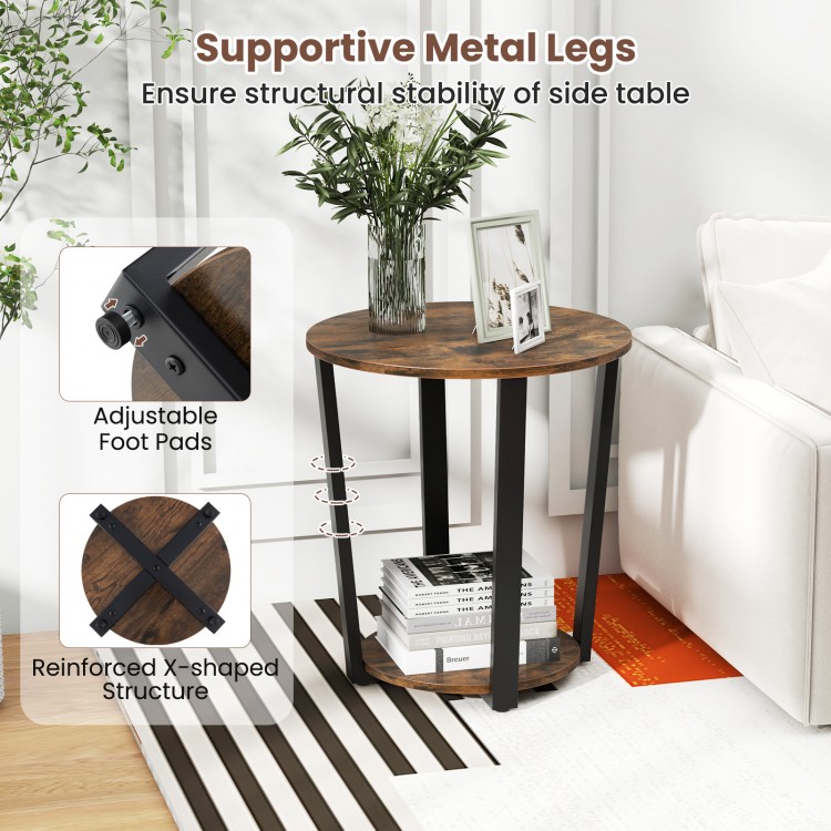Round end table with brown melamine surface, sturdy metal frame, and adjustable foot pads for versatile use in any room.
