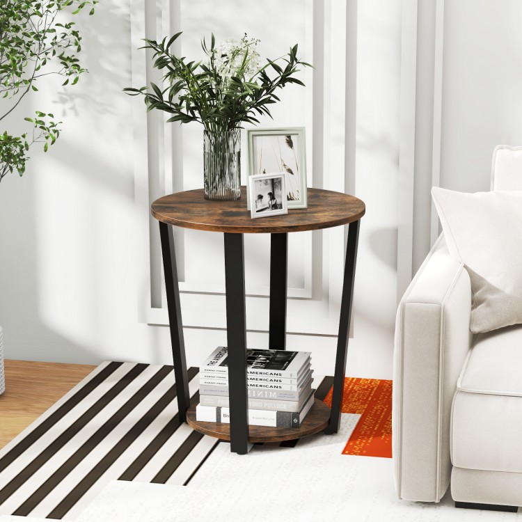 Round end table with a brown melamine surface and metal frame, featuring a 2-tier design for versatile storage.