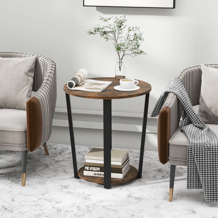 Round end table with a brown melamine surface and metal frame, featuring a 2-tier design for extra storage in any room.