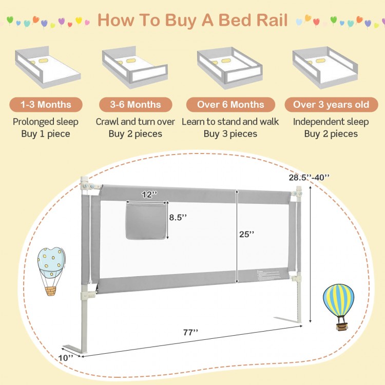Gray 76.8-inch baby bed rail with double safety lock, 28.5-inch height, adjustable for various mattress thicknesses.