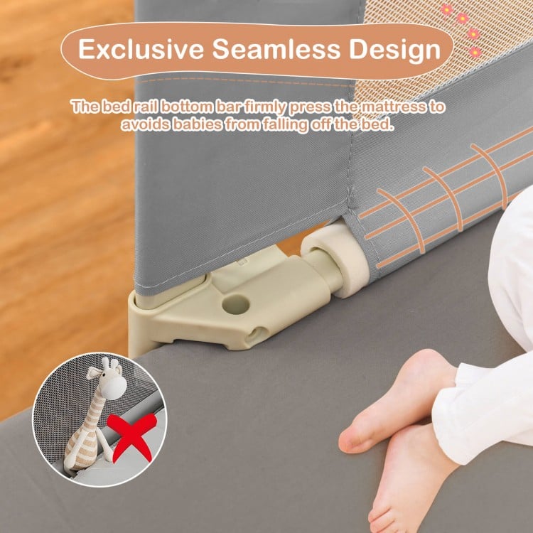 Baby bed rail with seamless design and double safety lock, ensuring stability and preventing falls for mattresses.