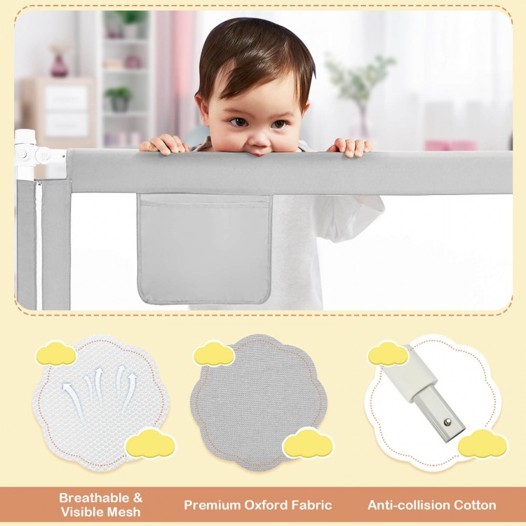 Gray 76.8-inch baby bed rail with breathable mesh, double safety lock, and storage bag for easy access to baby items.