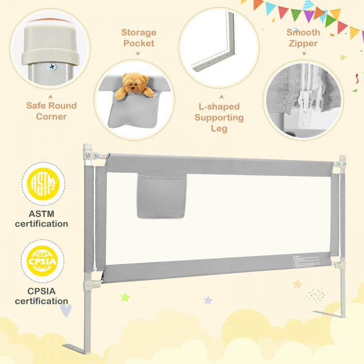 76.8-inch gray baby bed rail with double safety lock, storage pocket, and breathable mesh for secure sleep.