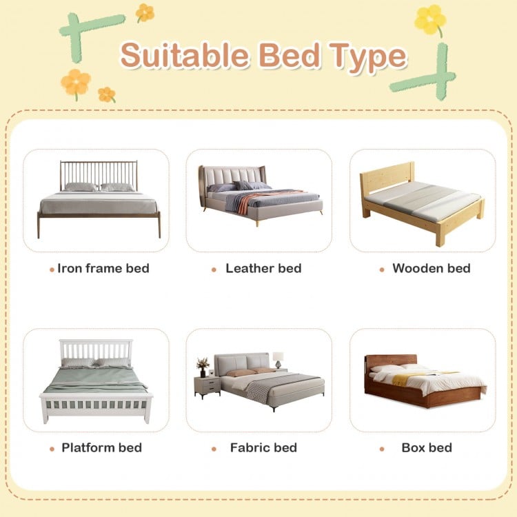 Gray baby bed rail with double safety lock, 28.5-inch height, adjustable for mattresses 2"-12", ideal for child safety.