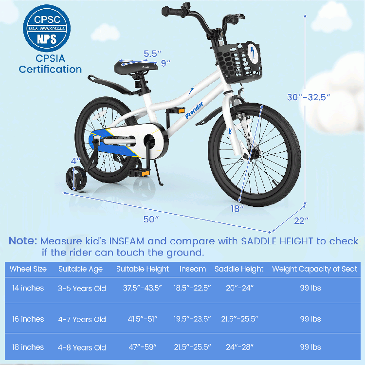 Kids' 18-inch bike in white with removable training wheels, adjustable seat, and hand brakes for safe riding.