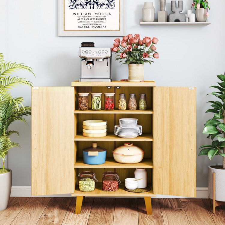 Buffet cabinet with double doors and raised legs, featuring removable shelves for versatile storage in natural wood.