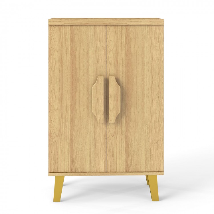 Buffet cabinet with double doors, natural wood finish, raised legs, ideal for dining rooms and kitchen storage.