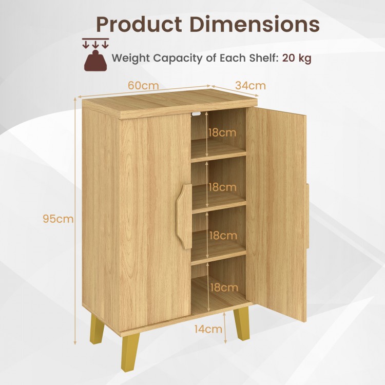 Buffet cabinet with double doors, natural finish, featuring removable shelves and a weight capacity of 20 kg per shelf.