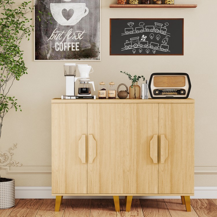 Buffet cabinet with double doors and raised legs in natural finish, ideal for dining rooms and kitchens, featuring.