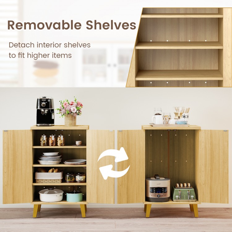 Buffet cabinet with double doors and raised legs, featuring removable shelves for customizable storage in natural.