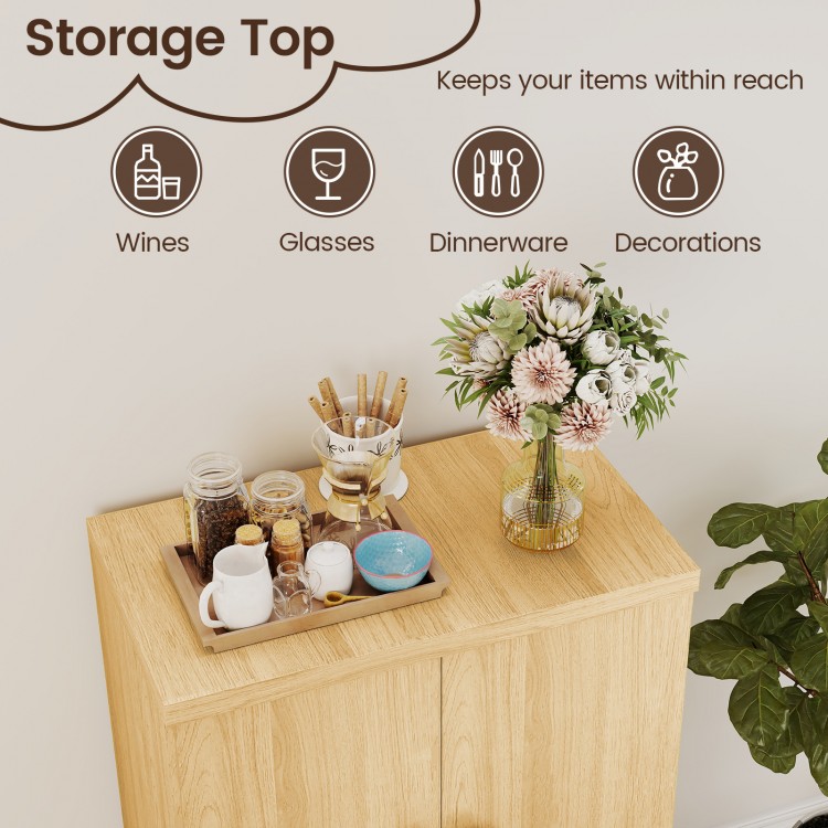 Buffet cabinet with a spacious top, ideal for storing wines, glasses, and dinnerware in natural wood finish.