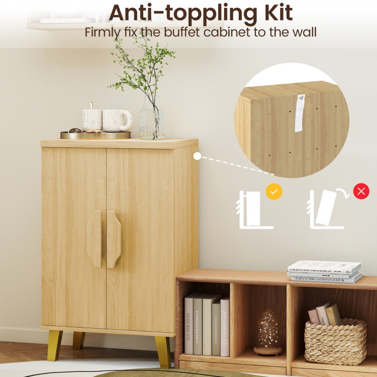 Buffet cabinet with double doors and raised legs, featuring an anti-toppling kit for enhanced stability and security.