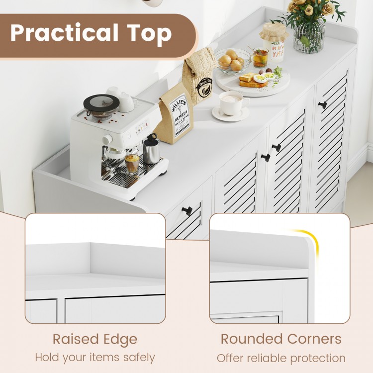 Buffet cabinet with a spacious top, raised edge, and rounded corners for safe storage in white finish.