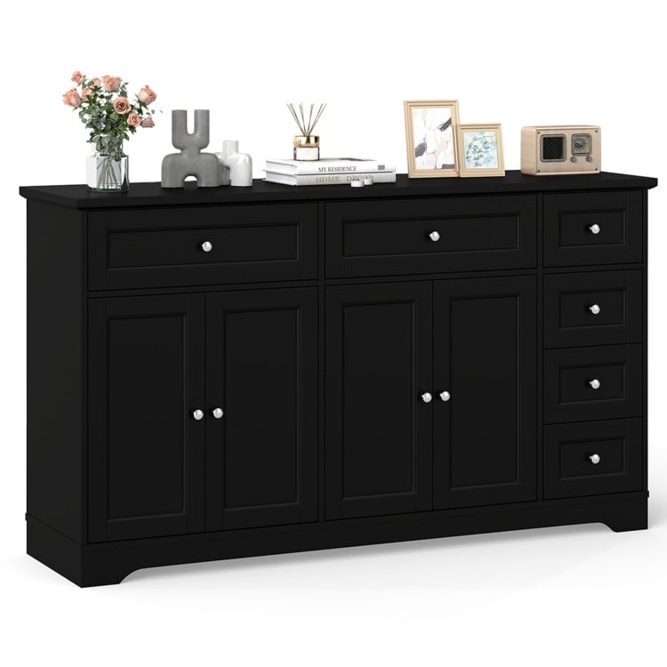 Modern black buffet sideboard with a 59" countertop, 6 drawers, and 2 cabinets for organized storage in any room.