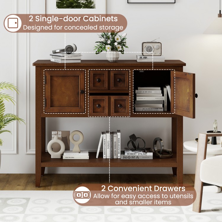 Buffet sideboard cabinet in brown showcasing 2 single-door cabinets and 2 convenient drawers for easy access to storage.