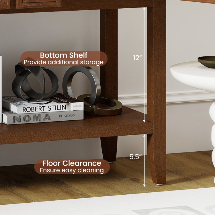 Buffet sideboard cabinet in brown with bottom shelf for storage, 2 doors, and 2 drawers, ideal for kitchen or dining.