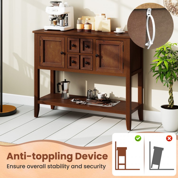 Buffet sideboard cabinet in brown with 2 doors, 2 drawers, and anti-toppling device for stability in any room.