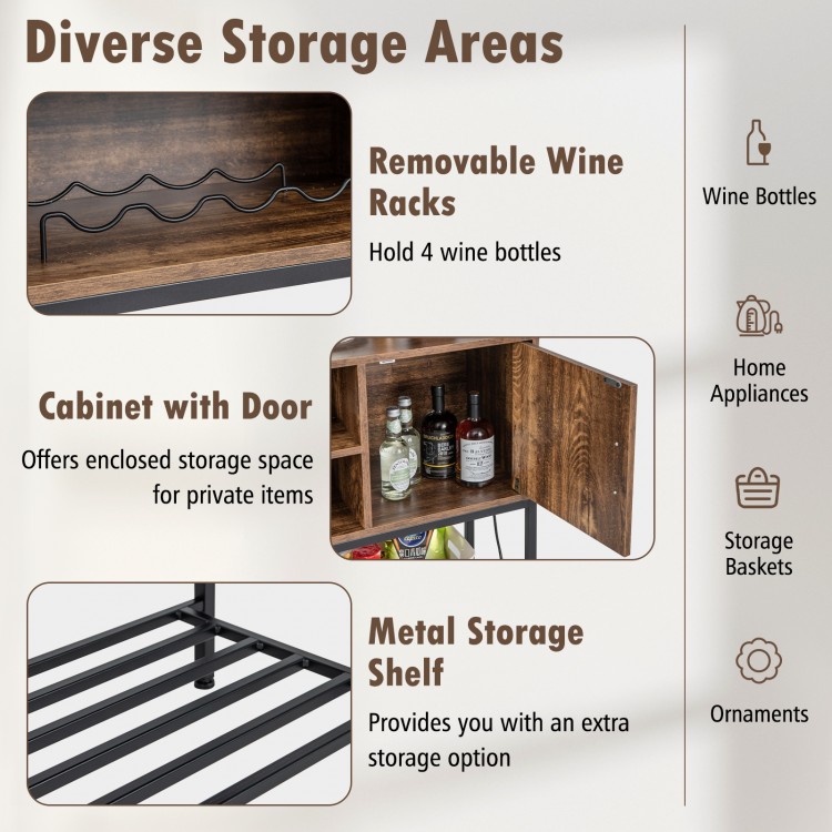 Buffet sideboard cabinet in rustic brown with removable wine racks, power outlets, and enclosed storage for versatile.