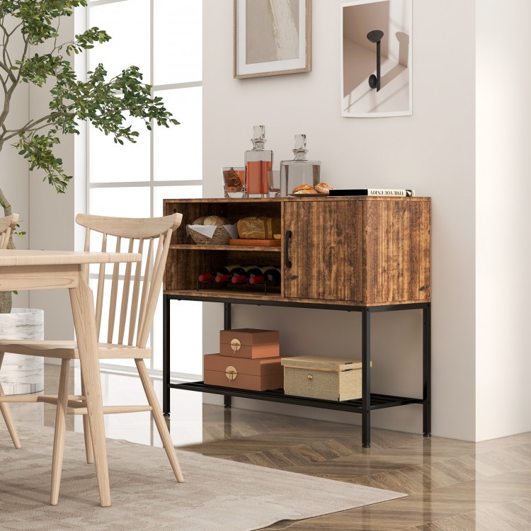 Buffet sideboard coffee bar cabinet in rustic brown with power outlets, USB ports, and detachable wine racks for.