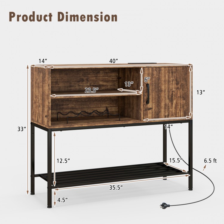 Buffet sideboard coffee bar cabinet in rustic brown with dimensions, featuring power outlets and USB ports for.