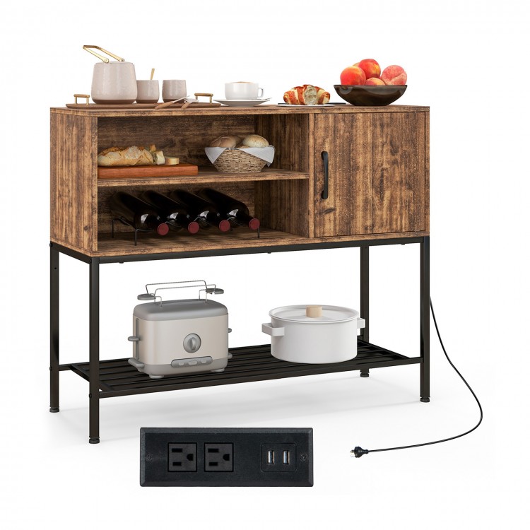 Buffet sideboard coffee bar cabinet in rustic brown showcasing a metal frame and spacious shelves for versatile storage.