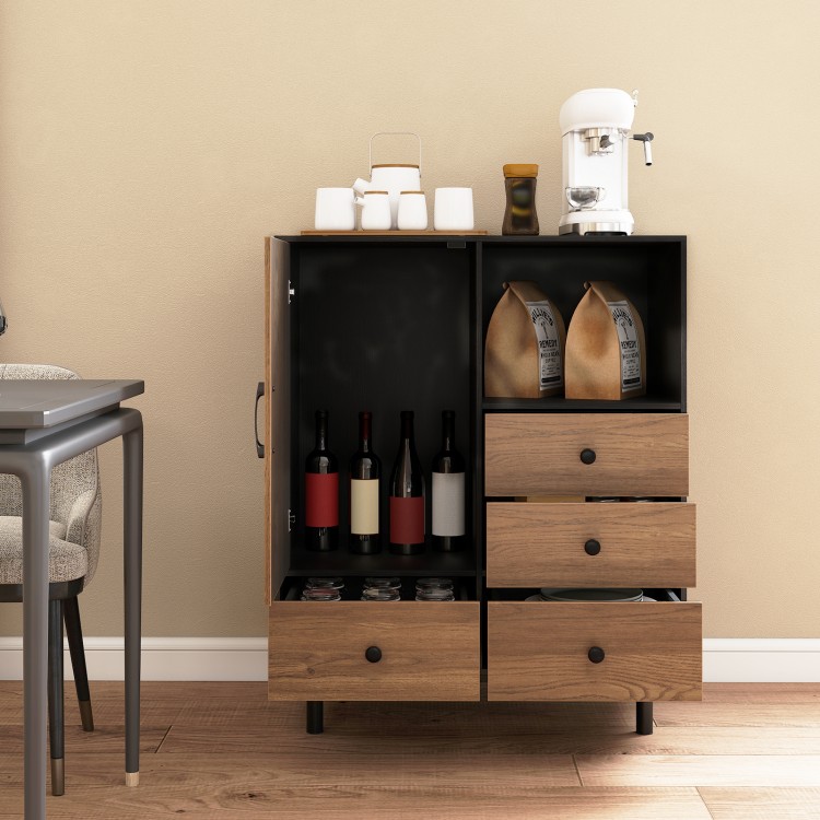 Mid-century modern buffet sideboard in black with 4 drawers and open compartment, ideal for stylish storage and display.