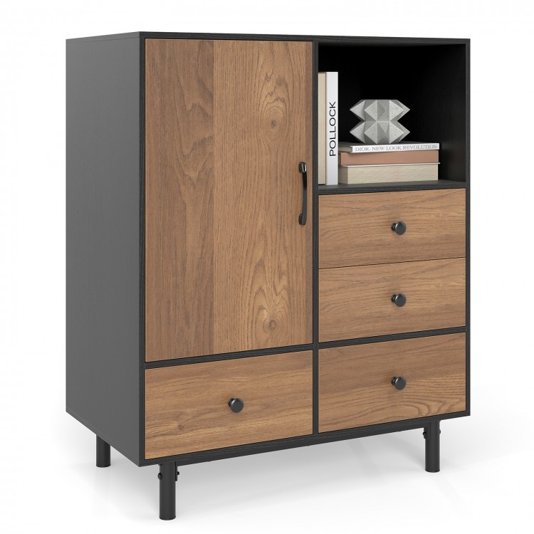 Mid-century modern storage cabinet in black with wood accents, featuring 4 drawers and an open compartment for display.