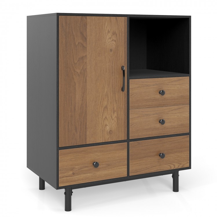Mid-century modern black buffet sideboard with 4 drawers and open compartment for stylish storage and display.