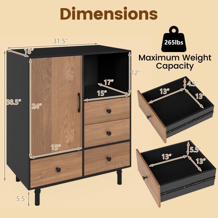 Mid-century modern buffet sideboard with 4 drawers and open compartment, featuring a black finish and spacious design.