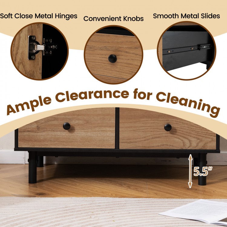 Buffet sideboard with 4 drawers, open compartment, and 5.5" clearance for easy cleaning, featuring soft close hinges.