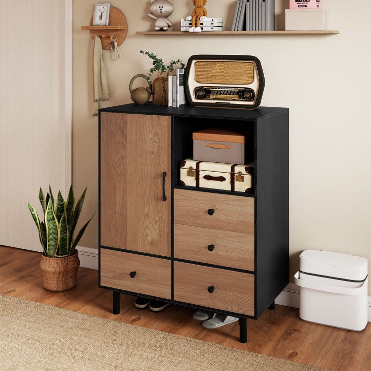 Mid-century modern storage cabinet in black with 4 drawers and open compartment, perfect for organizing and display.