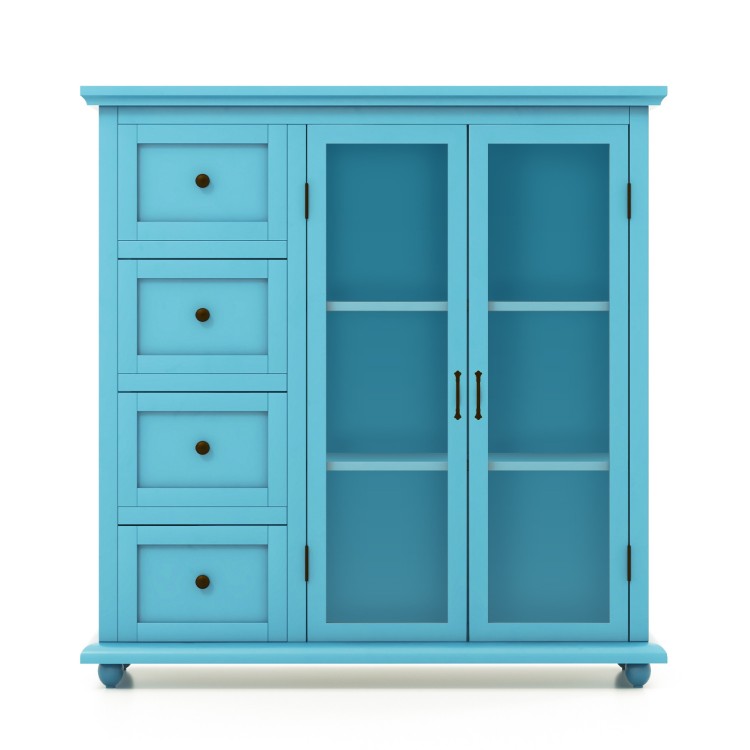 Blue buffet sideboard table with 4 drawers and 2 glass doors, offering ample storage for kitchen or dining room decor.