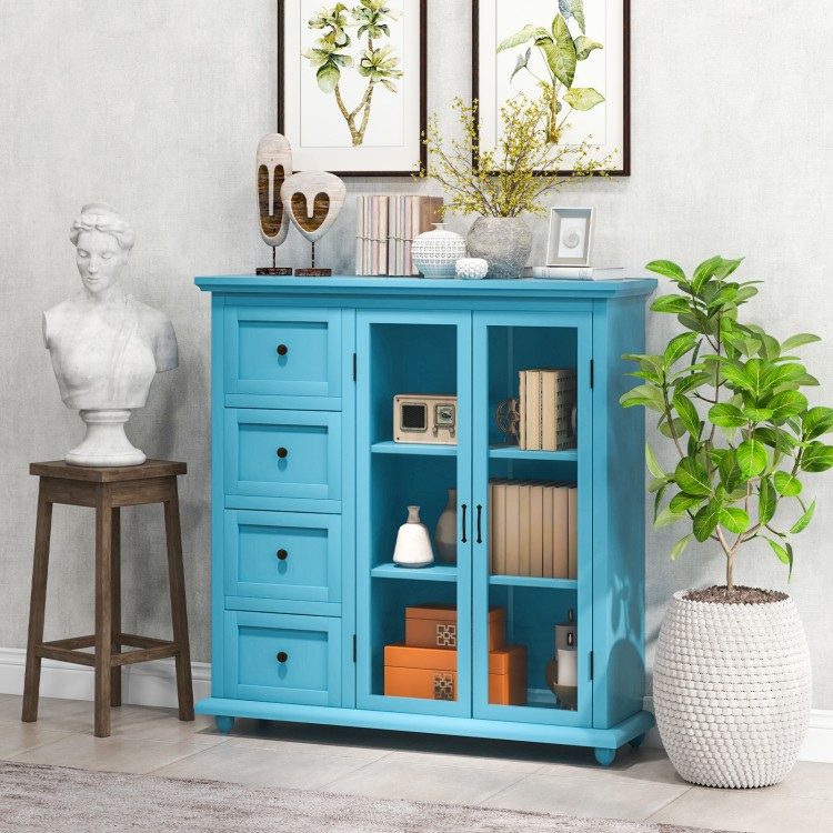 Buffet sideboard table in blue with 4 drawers and 2 glass doors, offering ample storage for kitchen or entryway decor.