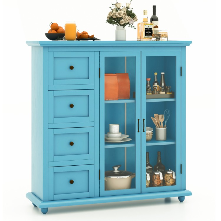 Buffet sideboard table in blue with 4 drawers and 2 glass doors for stylish kitchen storage and display.