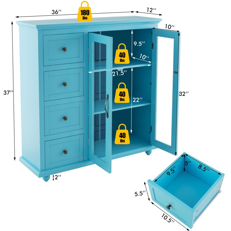 Buffet sideboard table in blue with 4 drawers and 2 glass doors, offering ample storage for kitchen or dining room.