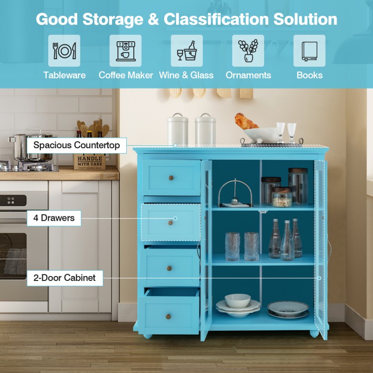 Buffet sideboard table in blue showcasing a spacious countertop and unique curved knobs for stylish kitchen.