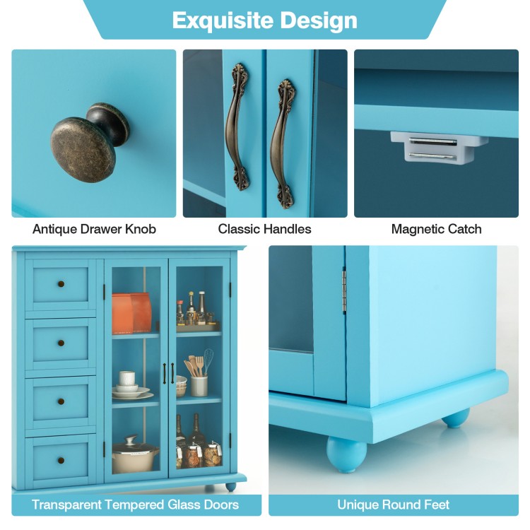 Buffet sideboard table in blue with 4 drawers, 2 glass doors, and round feet for stylish kitchen storage.