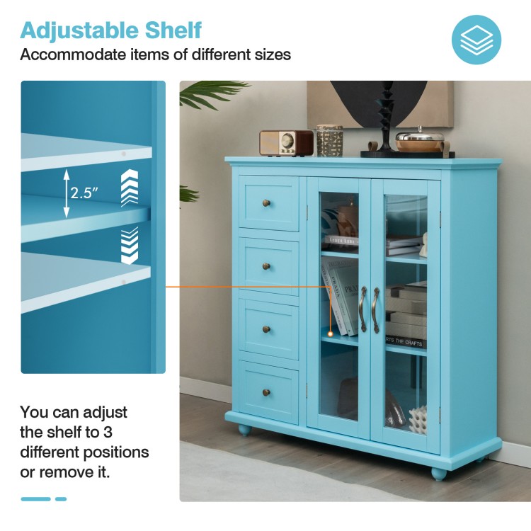 Buffet sideboard table in blue with 4 drawers and 2 glass doors, featuring an adjustable shelf for versatile storage.