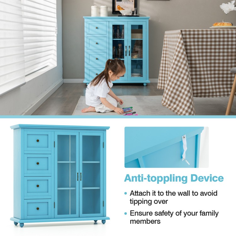 Buffet sideboard table in blue with 4 drawers and 2 glass doors, offering ample storage for kitchen or dining room use.
