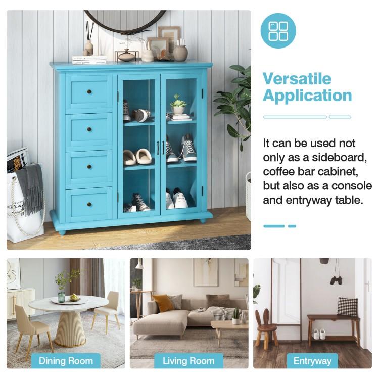 Buffet sideboard table in blue with 4 drawers and 2 glass doors, perfect for dining room or entryway storage.