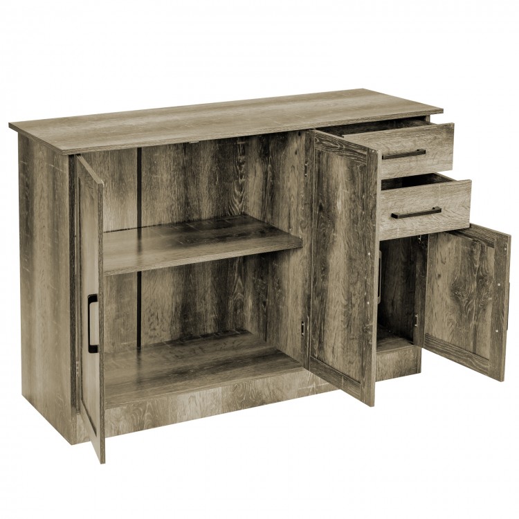 Gray buffet storage cabinet featuring two side cabinets and a wide top, ideal for stylish kitchen or dining room.