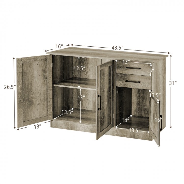 Buffet storage cabinet in gray with 2 drawers and 2 side cabinets, featuring adjustable shelves for versatile storage.