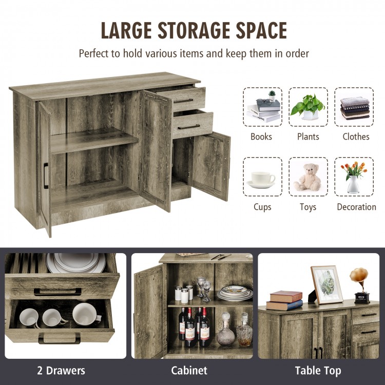 Buffet storage cabinet in gray with 2 drawers and 2 side cabinets, ideal for kitchen or living room organization.