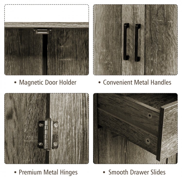 Close-up of premium metal hinges and smooth drawer slides on a gray buffet storage cabinet for versatile home storage.