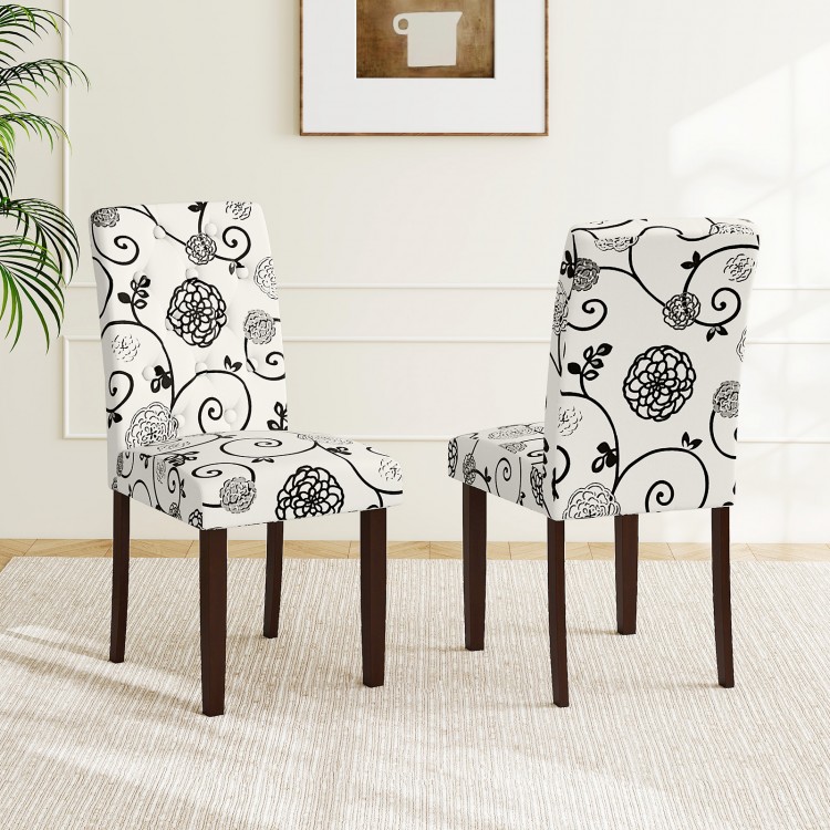Button tufted beige floral dining chairs set of 2 with high curved back and sturdy rubber wood legs for elegant dining.